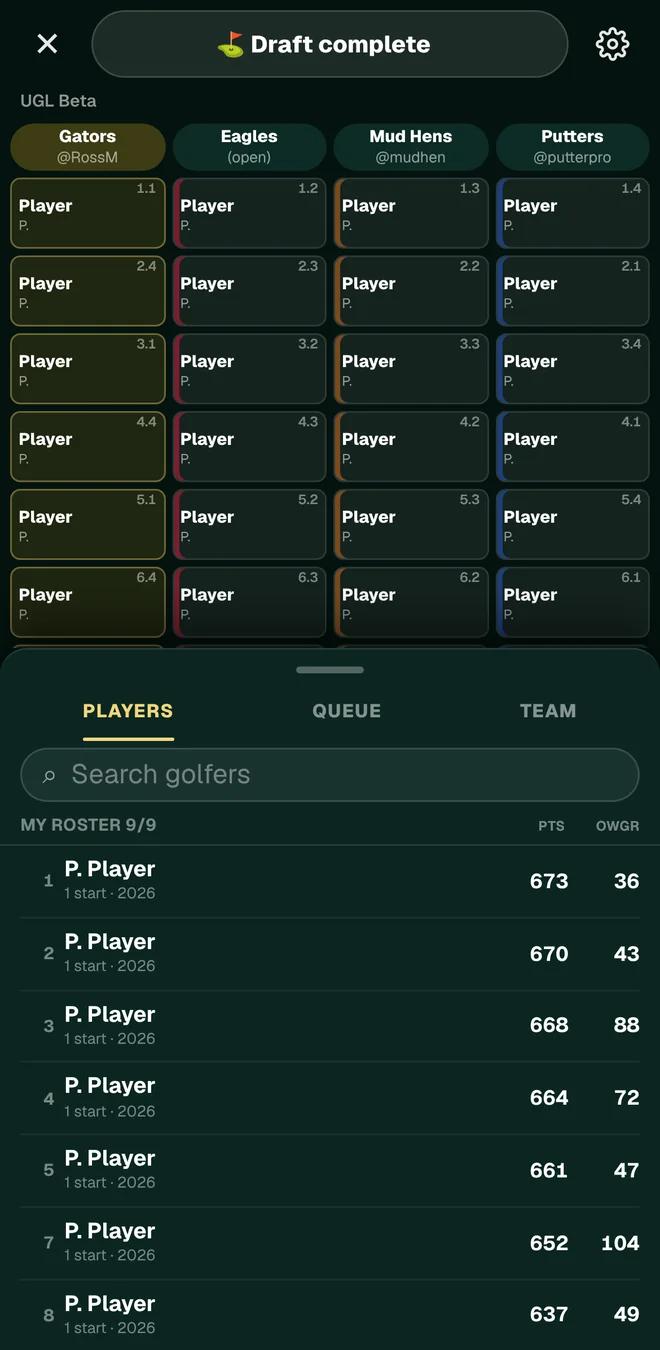 UGL draft room: the draft board with each team's picks and the player list