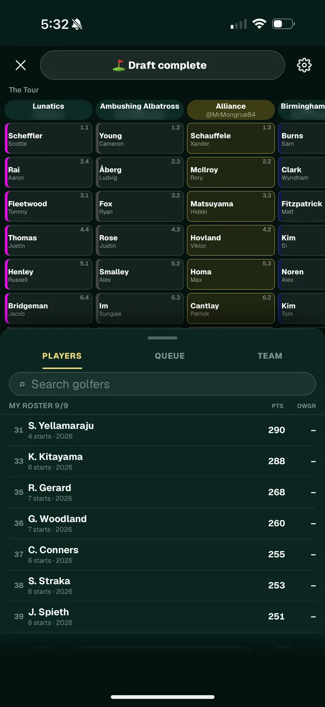 UGL draft room: the draft board with each team's picks and the player list