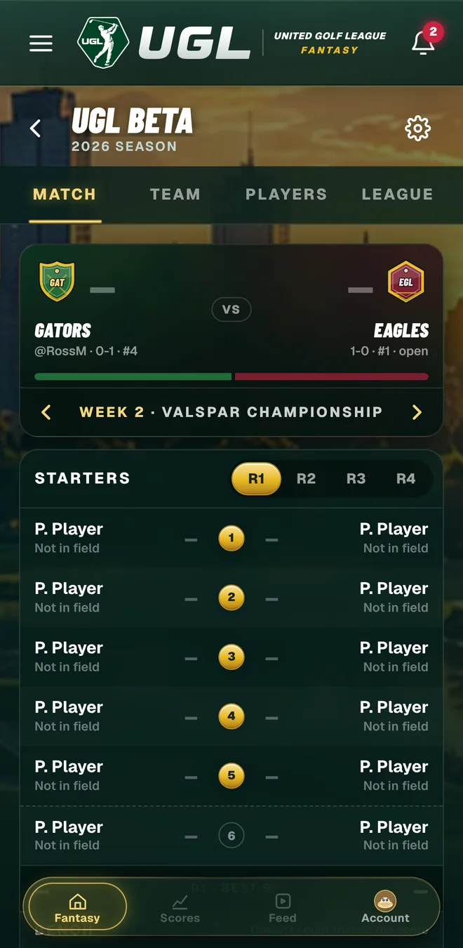 UGL match screen: two teams' starters side by side for the week's event