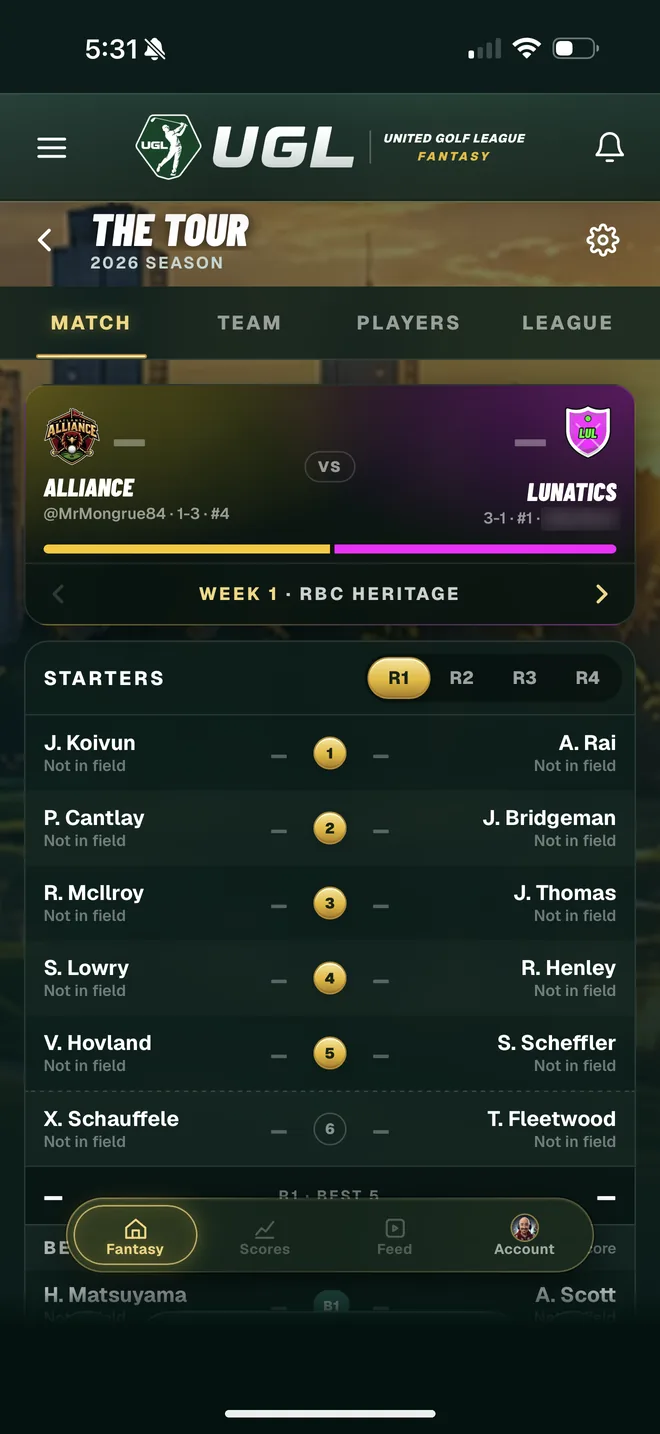 UGL match screen: two teams' starters side by side for the week's event