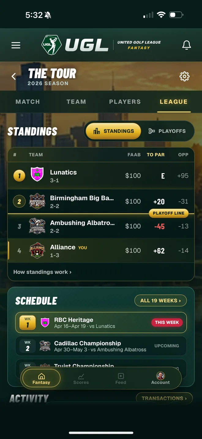 UGL standings with team crests, records, FAAB and the playoff line