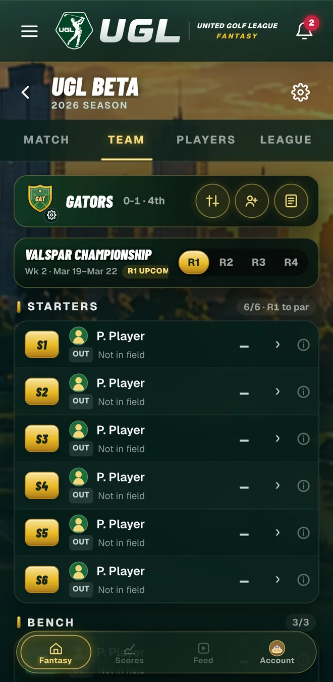 UGL team screen: six starters and the bench, each with field status
