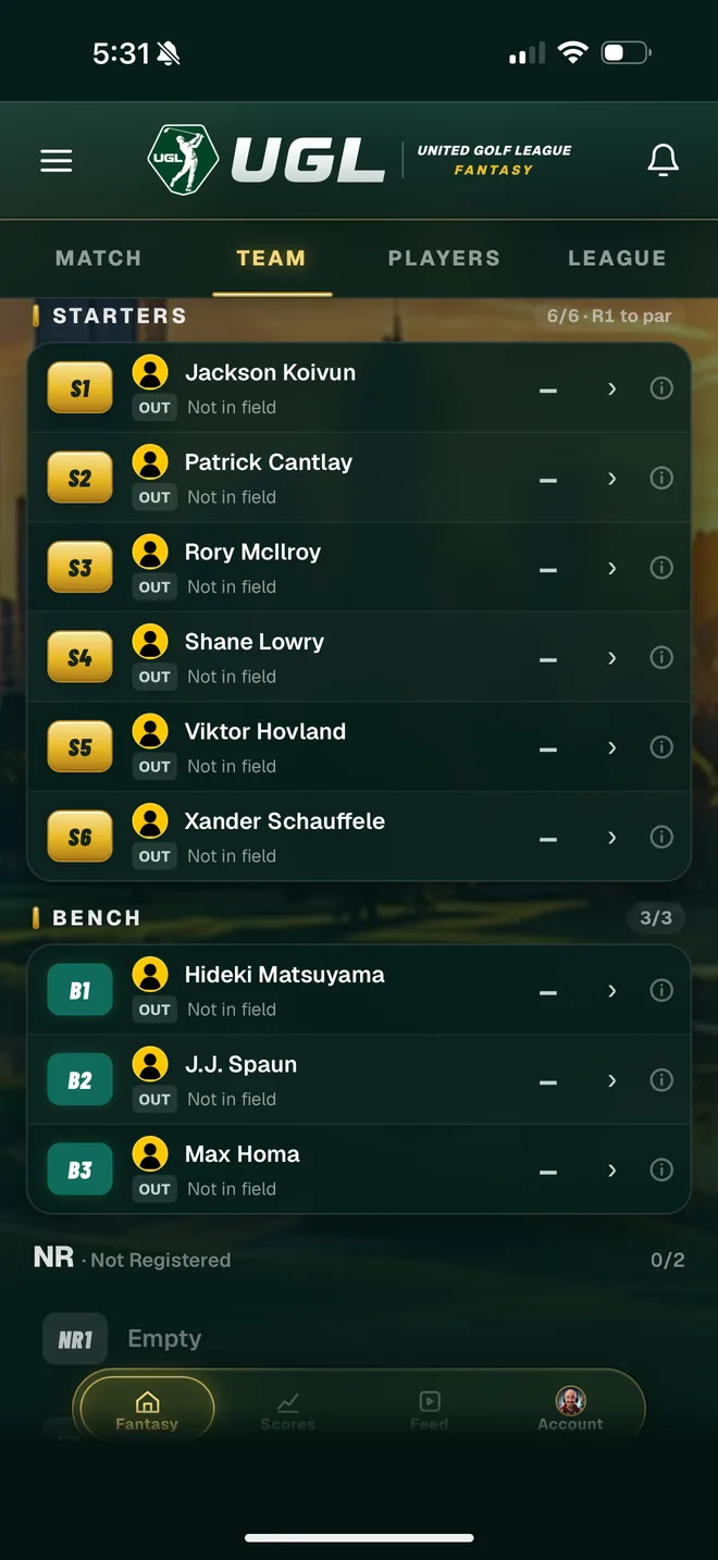 UGL team screen: six starters and the bench, each with field status